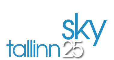 Dinner in the Sky Tallinn 25 logo modernses sans-serif kirjatüübis, kus 'Dinner in the' on valge, 'Sky' sinine, 'Tallinn' helesinine ja '25' valge ja halli kombinatsioonis